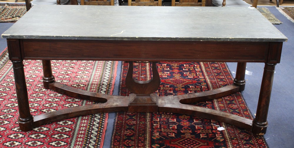 A French mahogany centre table, with simulated marble painted pine top, W.187cm D.80cm H.76cm